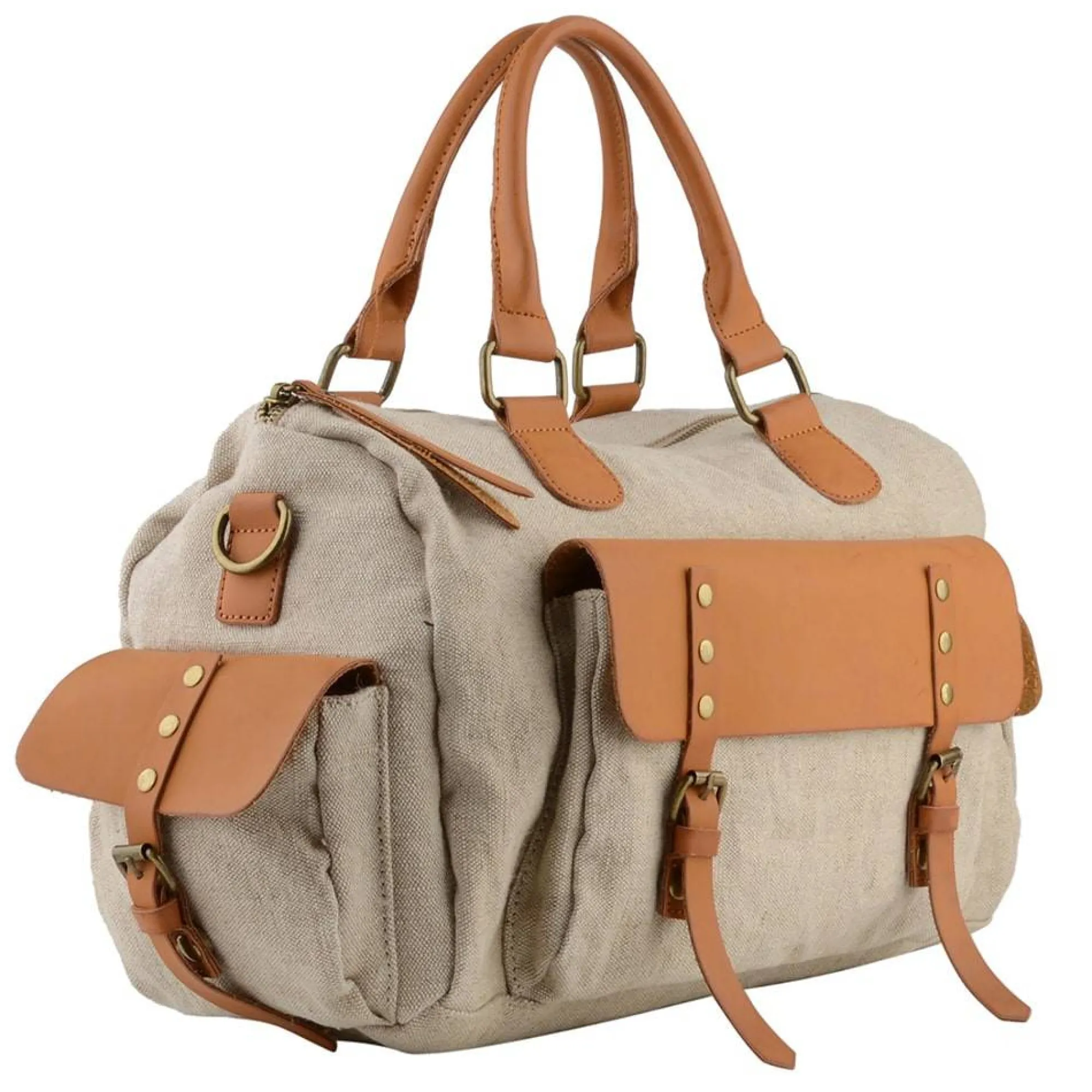 Mia & Joy Sacs À Main*Sac bowling Wendy toile et similicuir Beige