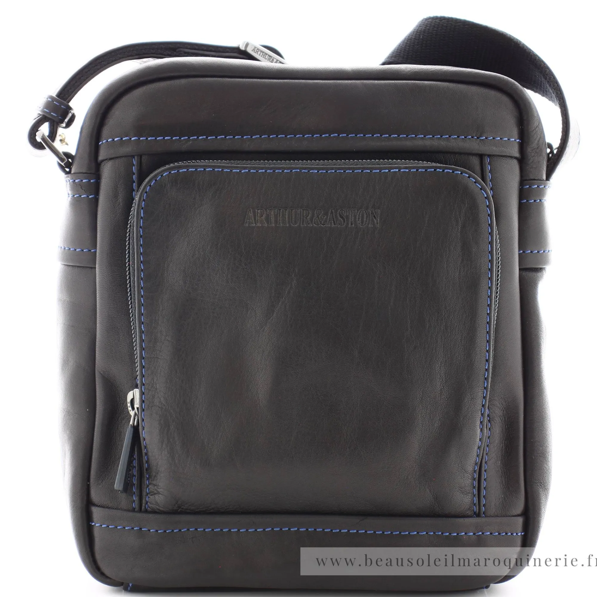 Arthur Aston Petites Sacoches Homme | Sacs Besace*Sacoche taille moyenne cuir plonge Pablo Noir (Fil Bleu)